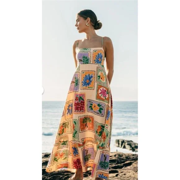 Paper Heart Anthropologie Wo's Strappy Stamp Floral Postcard Maxi Dress SzS 2803 - Picture 6 of 14